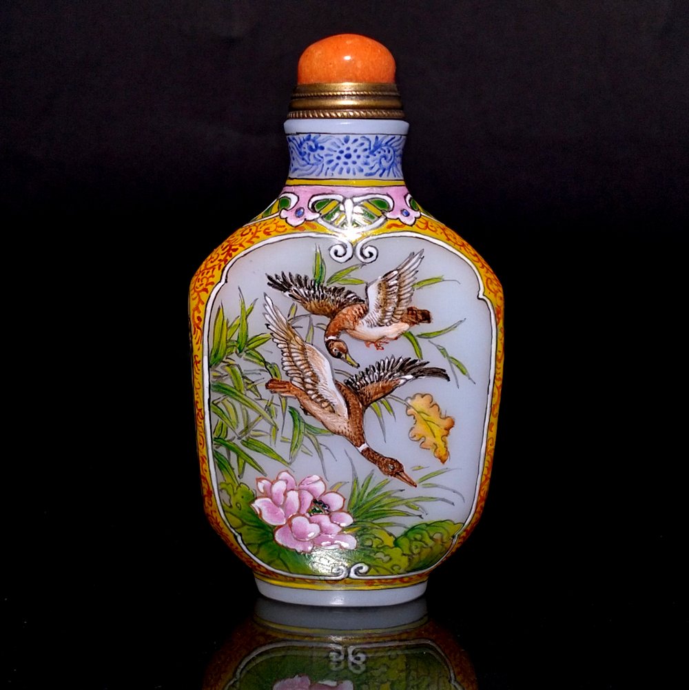 EXQUISITE ENAMEL GLASS SNUFF BOTTLE MALLARDS QIANLONG (1 of 8)