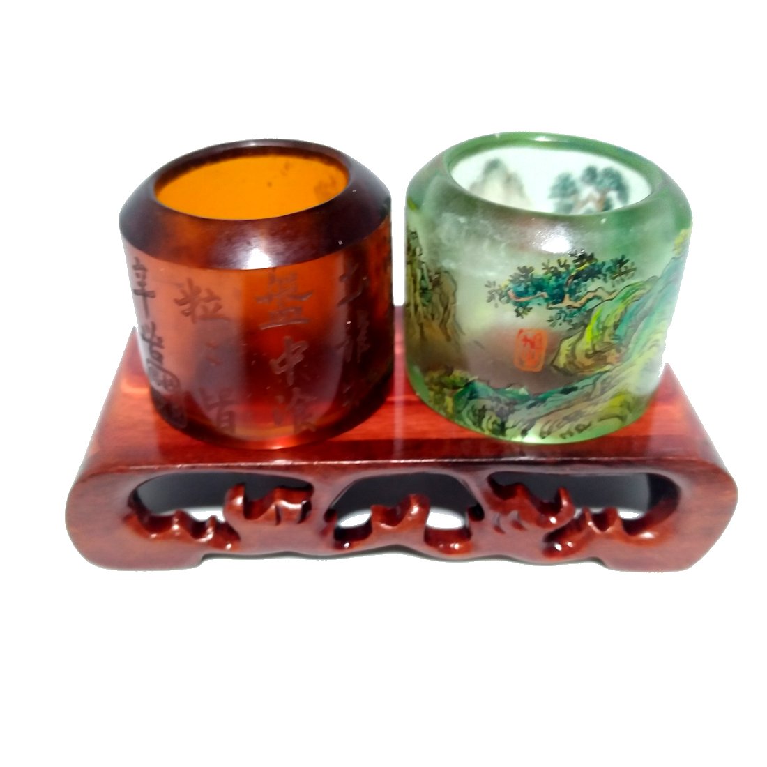 A FINE  PAIR OF CHINESE ARCHER'S THUMB RINGS LANDSCAPE POEM (1 of 8)