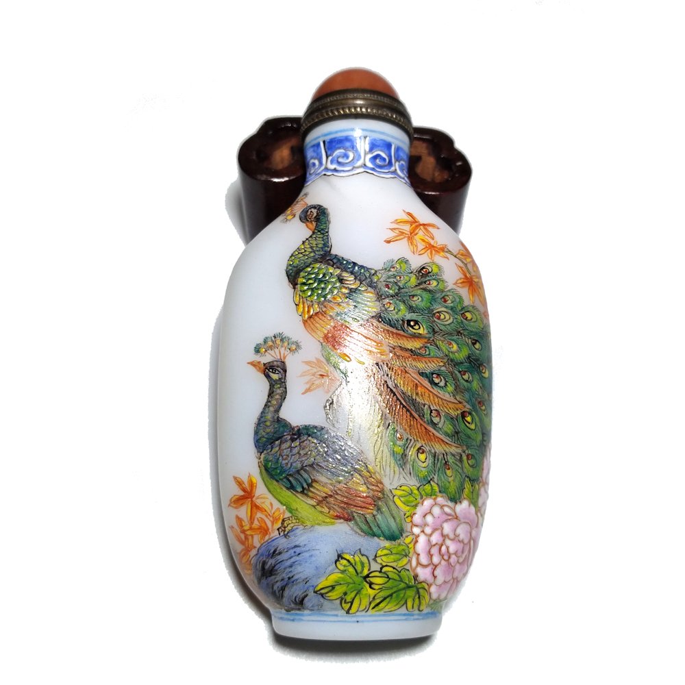 RARE SNUFF BOTTLE PEACOCK COUPLE ENAMEL ON GLASS (1 of 9)