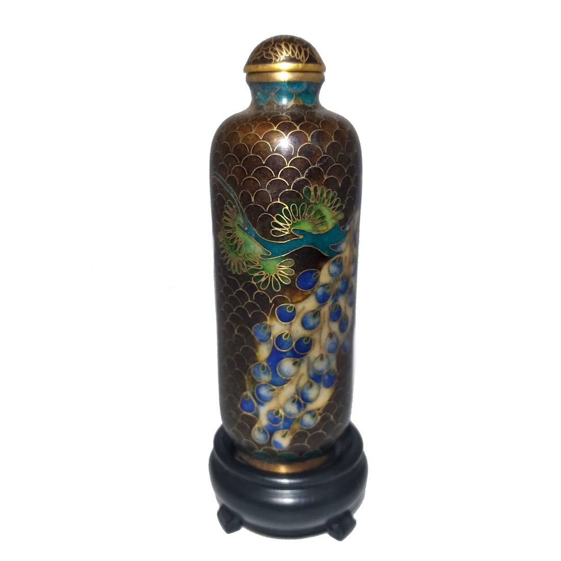A FINE CHINESE CLOISONNE SNUFF BOTTLE PEACOCK (1 of 8)