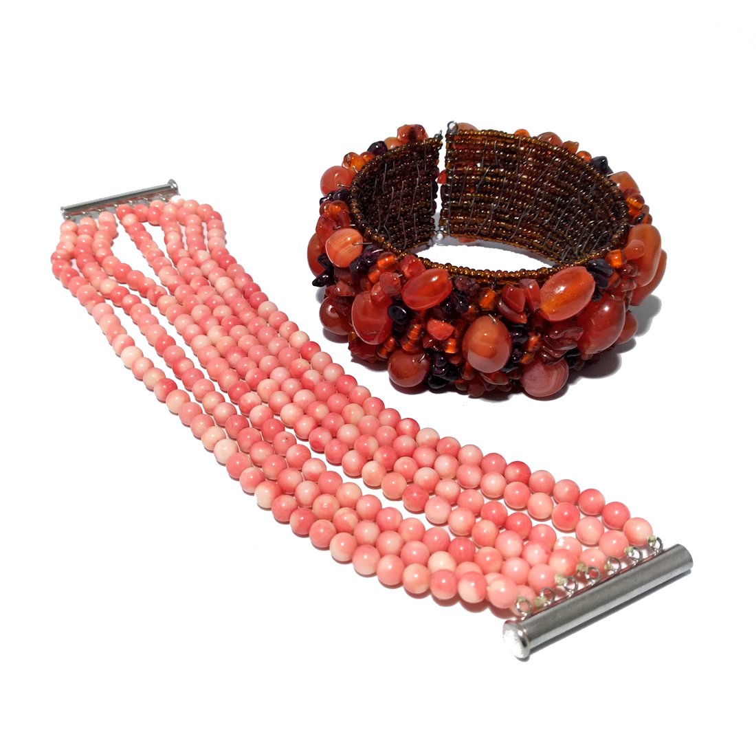 2 BRACELETS CARNELIAN AGATE GARNETS BEADED CUFF & CORAL (1 of 6)