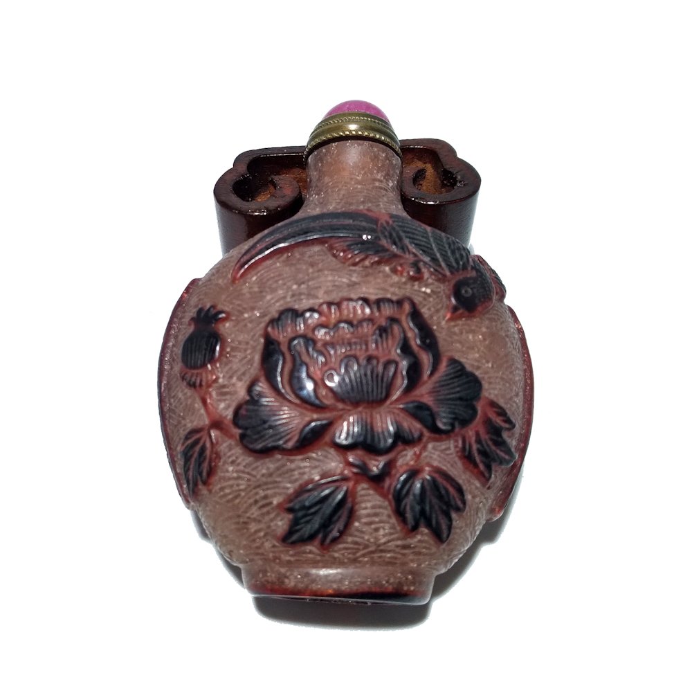 VERY FINE PEKING GLASS OVERLAY SNUFF BOTTLE PEONIES BIRDS (1 of 8)