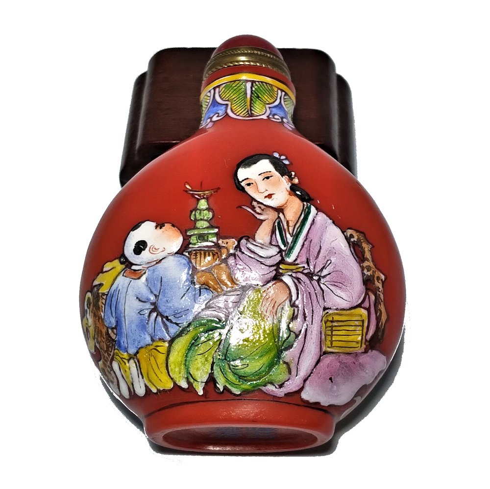 SUPERB ENAMEL RED GLASS SNUFF BOTTLE MOTHER CHILD (1 of 8)