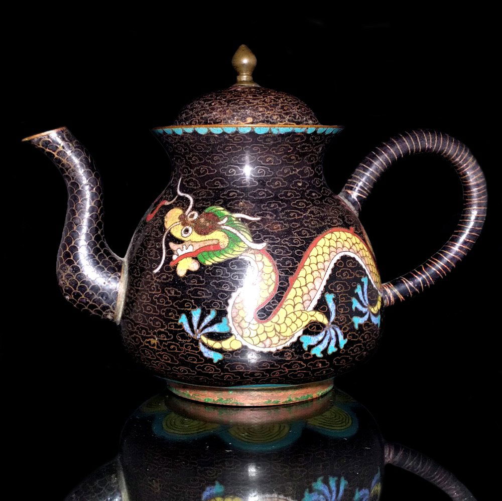 ANTIQUE CHINESE CLOISONNE TEAPOT IMPERIAL DRAGONS (1 of 10)