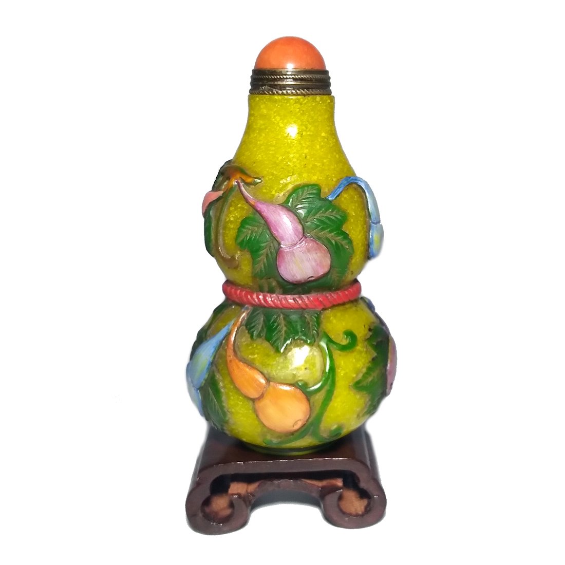 CHINESE YELLOW PEKING GLASS GOURD SNUFF BOTTLE CARVED & ENAMELED (1 of 8)