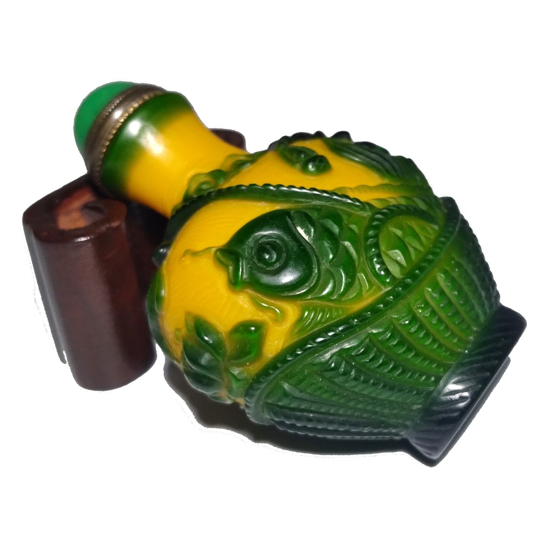 CHINESE SNUFF BOTTLE YELLOW PEKING GLASS KOI FISH BASKET (1 of 9)