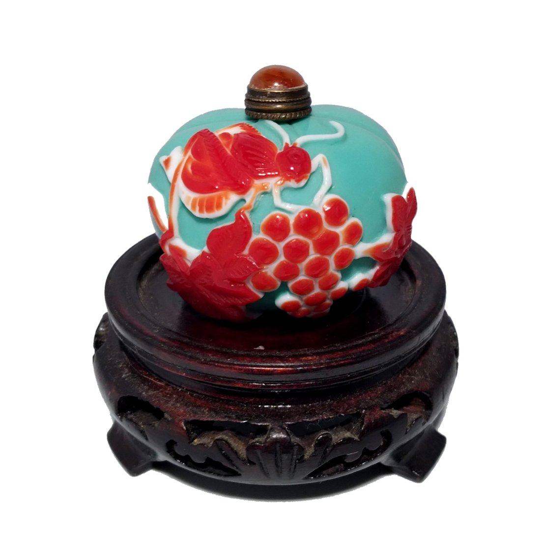 RARE CHINESE SNUFF BOTTLE 3 COLORS PEKING GLASS CRICKET GRAPES (1 of 6)