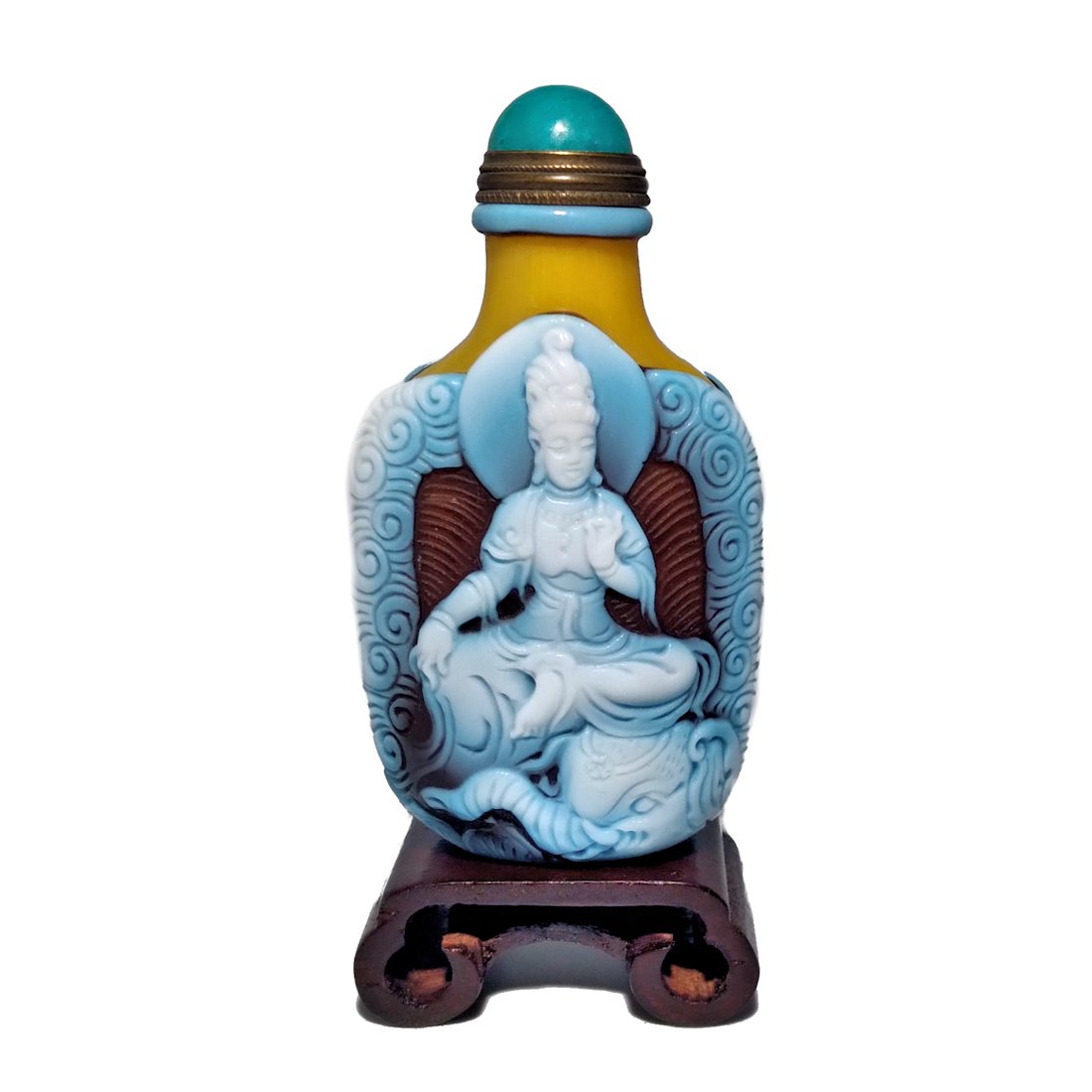 A FABULOUS CHINESE PEKING GLASS OVERLAY SNUFF BOTTLE GUANYIN (1 of 9)