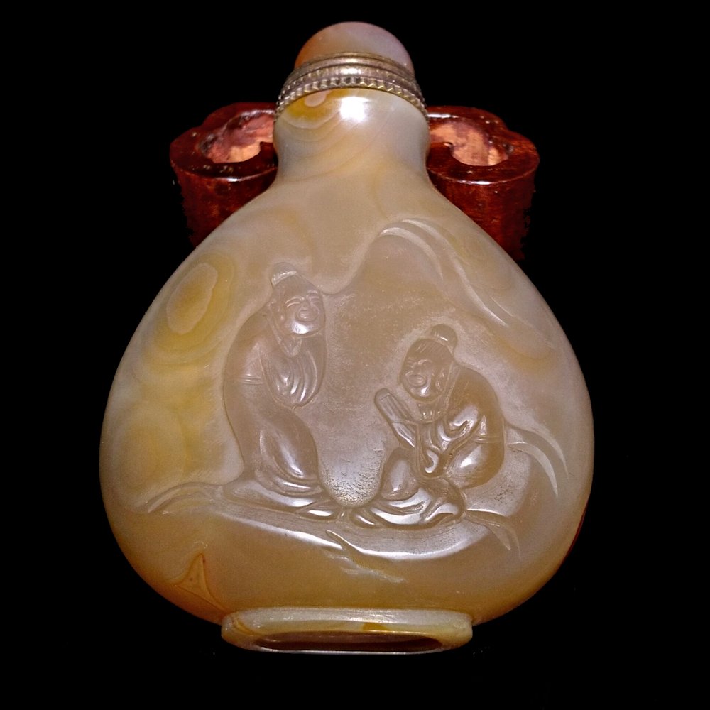 FINE CHINESE CARVED AGATE SNUFF BOTTLE ELDERS BOAT (1 of 8)