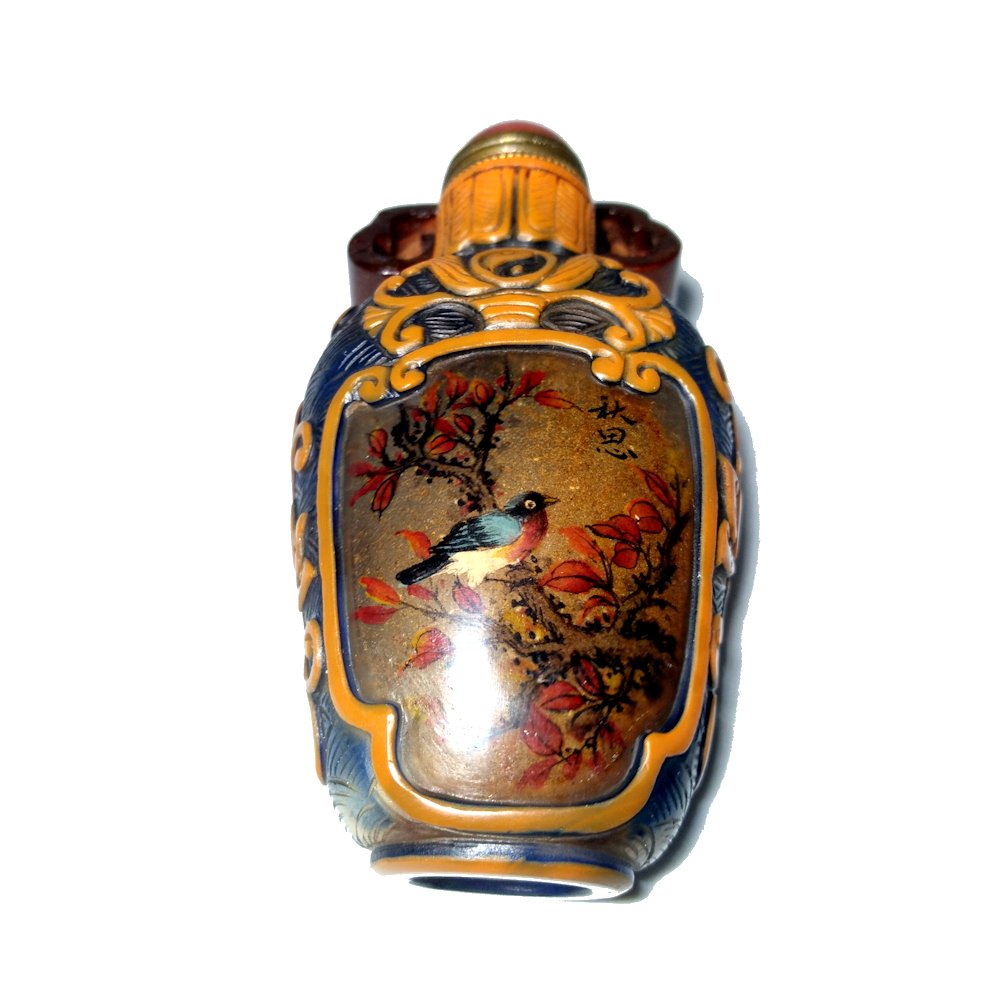 SUPERB CARVED GLASS INSIDE PAINTED SNUFF BOTTLE BIRDS: THE BEAUTIFULLY CARVED OVERLAY GLASS BOTTLE FEATURES INSIDE PAINTED SCENES OF BIRDS AND FLORA, DONE IN MINUTE DETAIL. THE BOTTLE IS SIGNED BY THE ARTIST. IT IS 3.45 INCHES TALL. THE BOTTLE IS IN VERY 