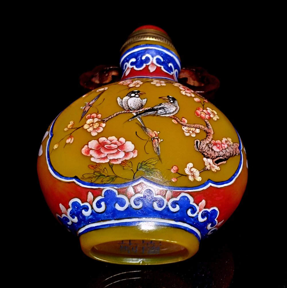 SUPERB CHINESE ENAMEL GLASS SNUFF BOTTLE BIRDS QIANLONG (1 of 9)