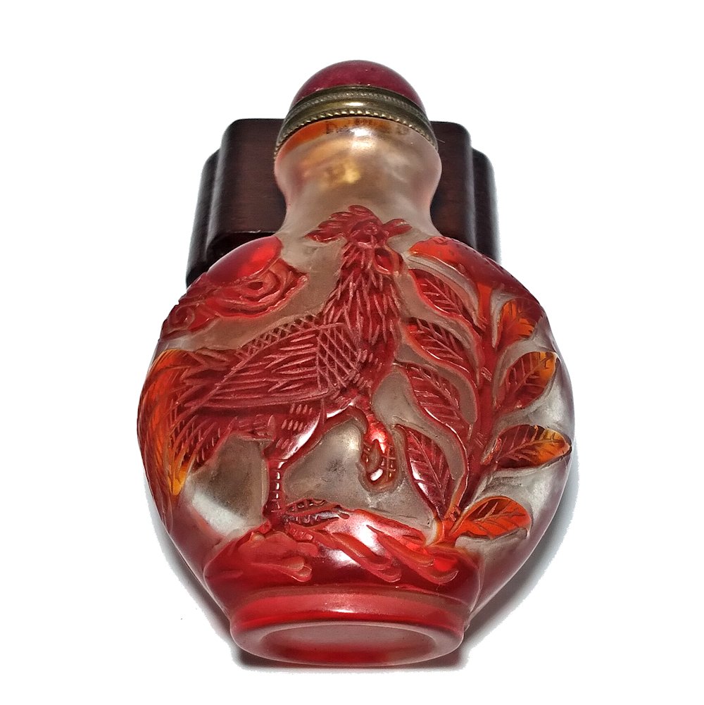 WONDERFUL PEKING GLASS SNUFF BOTTLE RED ROOSTER (1 of 8)