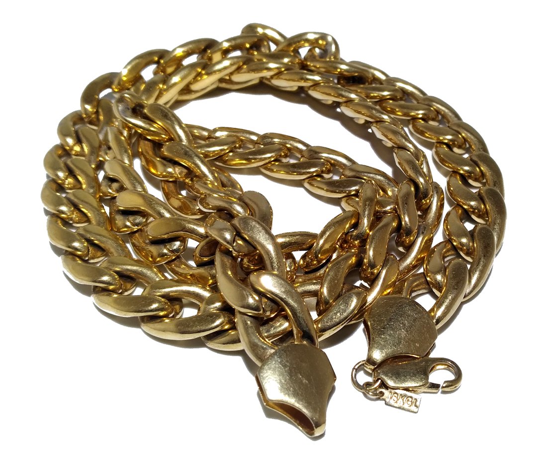 A BEAUTIFUL MASSIVE CUBAN LINK NECKLACE 18K GL 250G, 29" LONG: THE FABULOUS NECKLACE IS MASSIVE AND SO WELL MADE. IT IS 18KGL WHICH MEANS 18K GOLD LAYERED. THE LAYER IN 18K GL IS 0.75MM WHICH IS 15 TIMES THICKER THAN GOLD PLATED. THE NECKLACE WEIGHS A MASSIVE 250