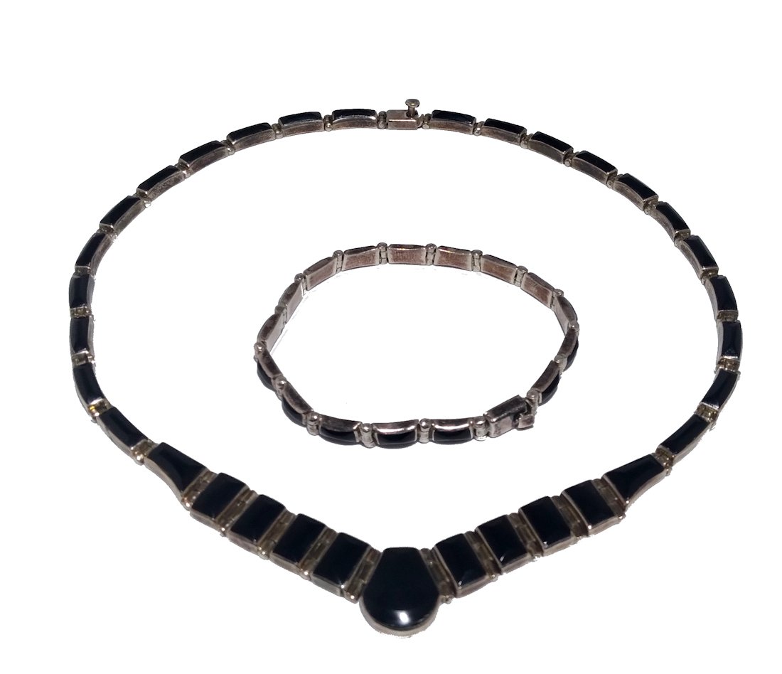 VINTAGE 950 MEXICO STERLING SILVER ONYX NECKLACE BRACELET (1 of 5)