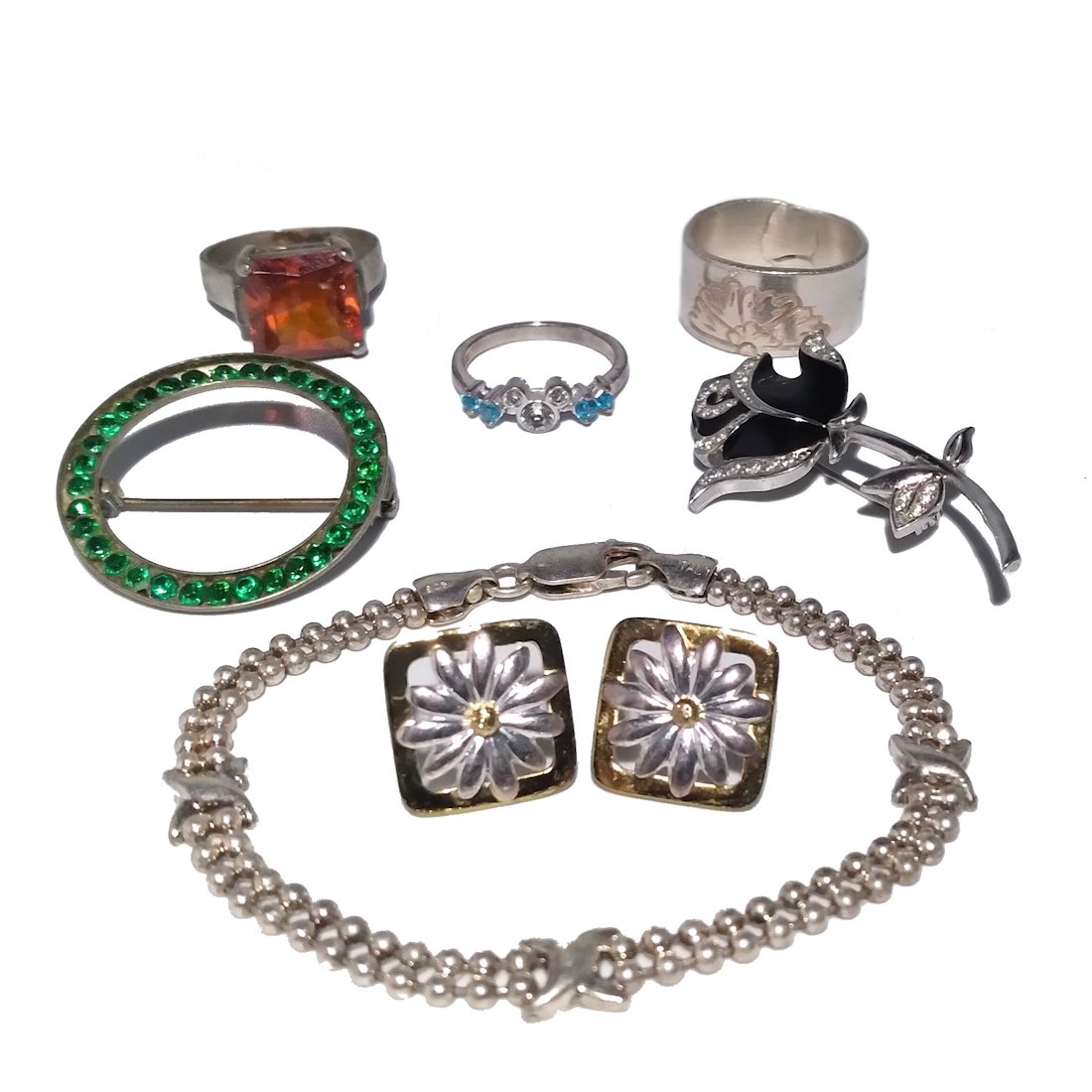 7 PC LOT  VINTAGE STERLING SILVER JEWELRY RING BROOCHES EARRINGS (1 of 7)