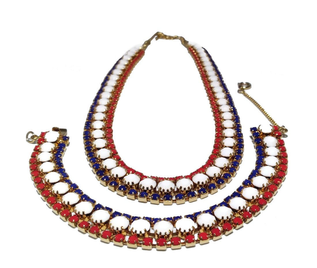 SIGNED HOBE VINTAGE RHINESTONE PATRIOTIC NECKLACE BRACELET (1 of 4)