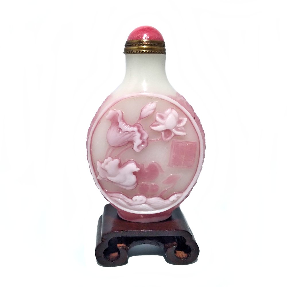 RARE ANTIQUE CHINESE GLASS OVERLAY SNUFF BOTTLE MANDARIN DUCKS (1 of 10)