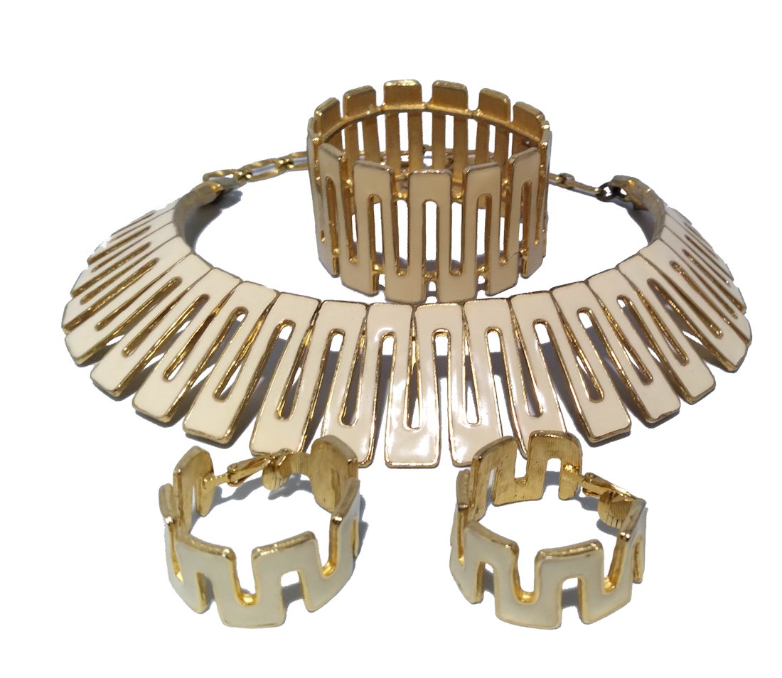 VINTAGE 80S ENAMELED PARURE NECKLACE BRACELET EARRINGS (1 of 2)