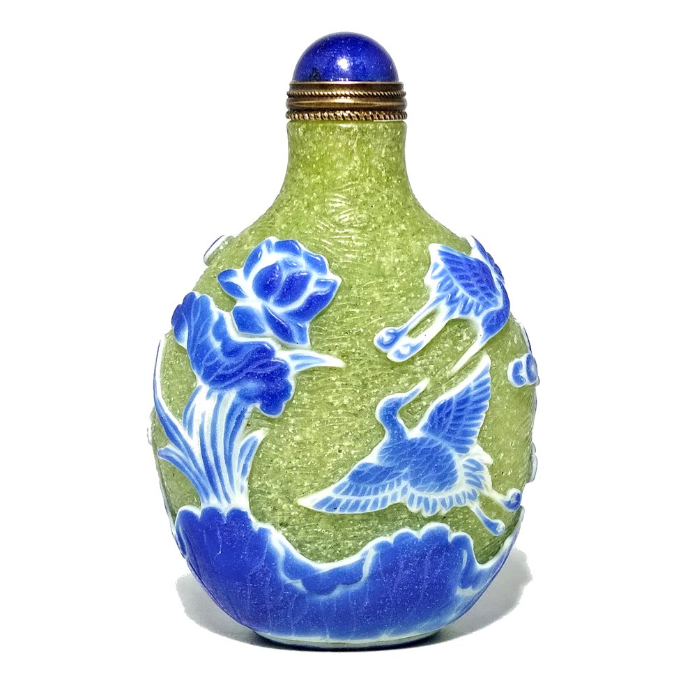 PEKING GLASS SNUFF BOTTLE LOTUS, STORKS, DUCKS (1 of 8)