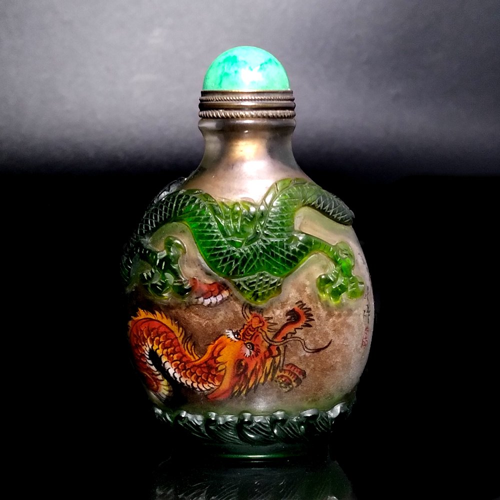 INSIDE PAINTED OVERLAY GLASS SNUFF BOTTLE DRAGON (1 of 8)