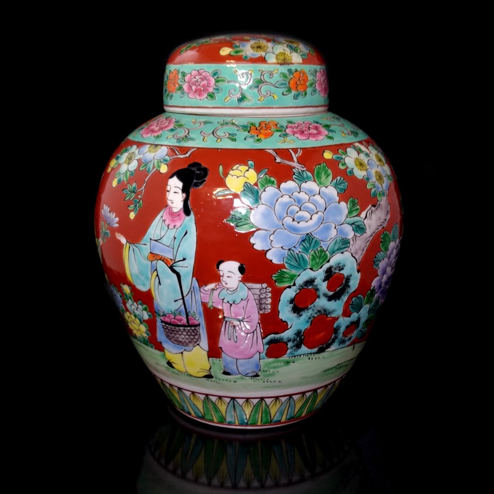 SUPERB ANTIQUE JAPANESE  MEIJI GINGER JAR LADIES RED TURQUOISE (1 of 11)