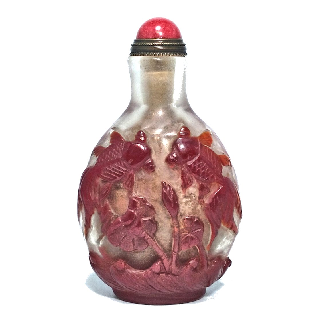 BEAUTIFUL PEKING GLASS SNUFF BOTTLE CARP, TOAD, LOTUS (1 of 8)