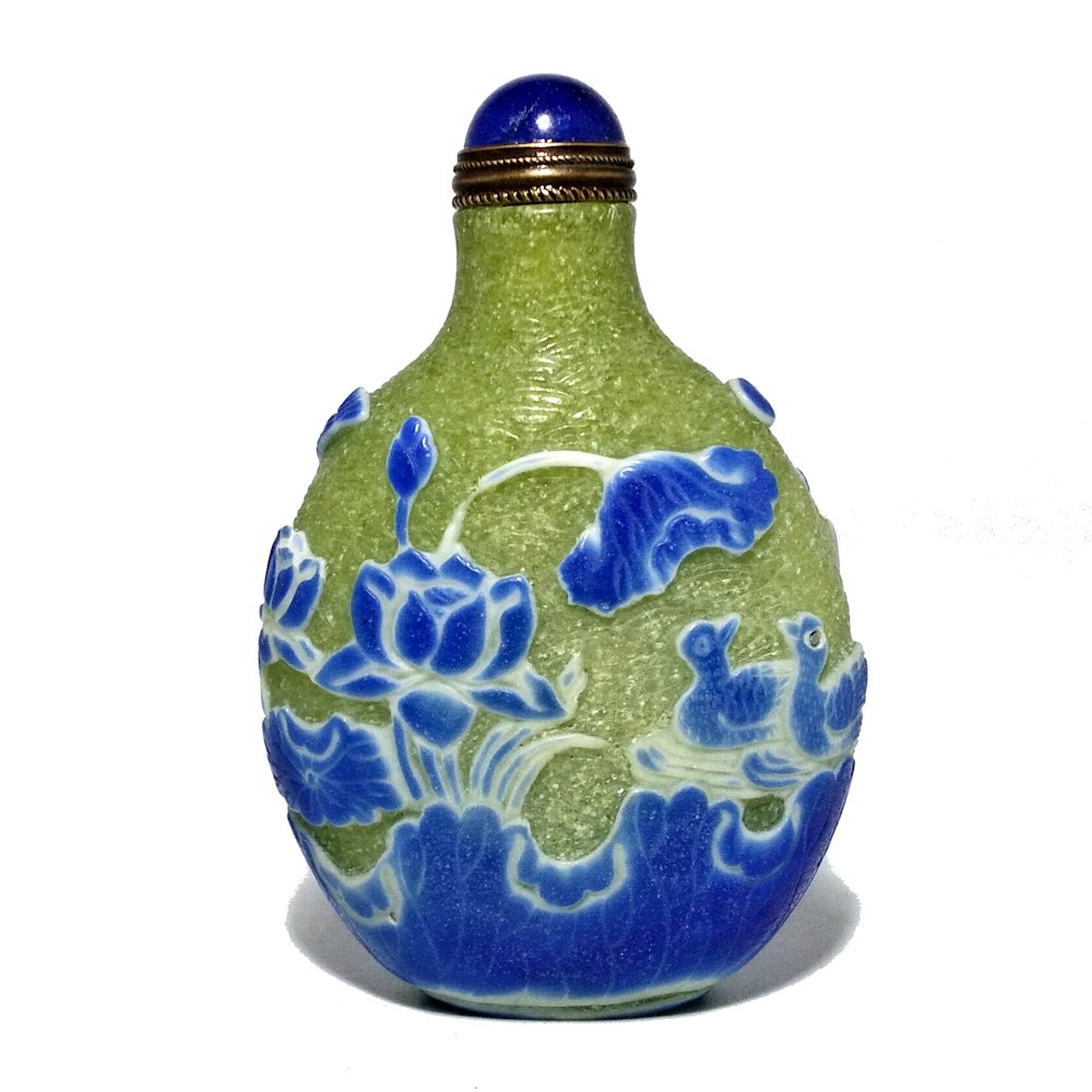 PEKING GLASS SNUFF BOTTLE LOTUS, STORKS, DUCKS (1 of 8)