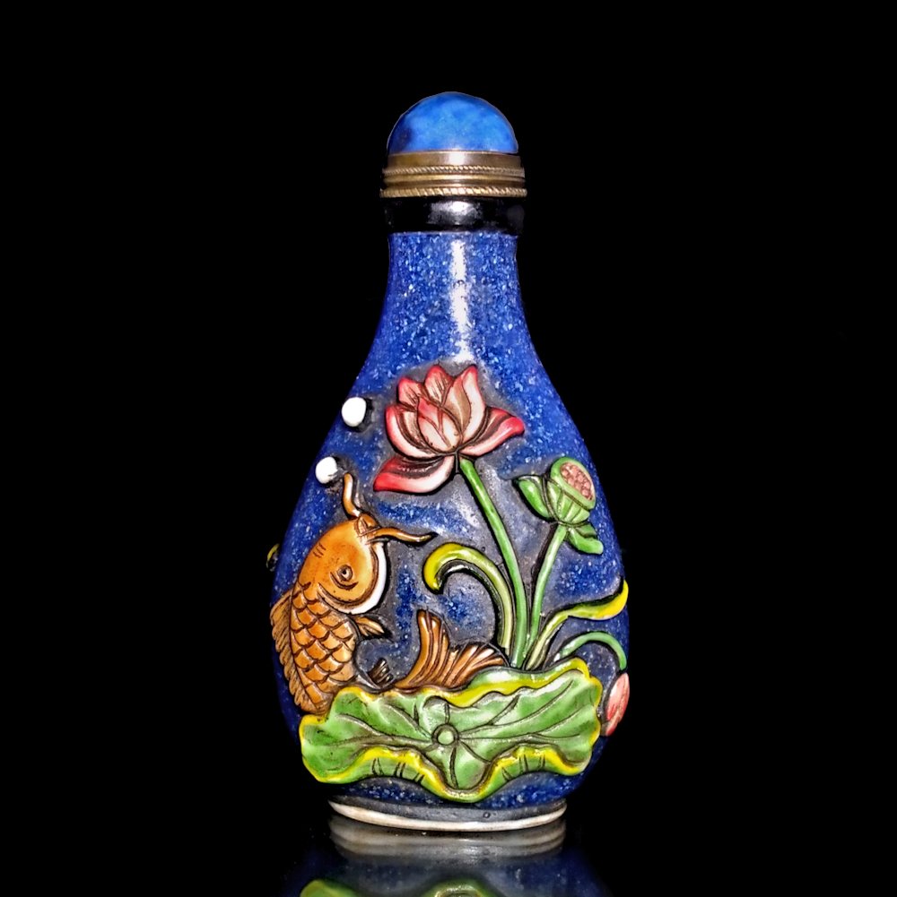 CHINESE CARVED ENAMELED GLASS SNUFF BOTTLE KOI, LOTUS (1 of 8)