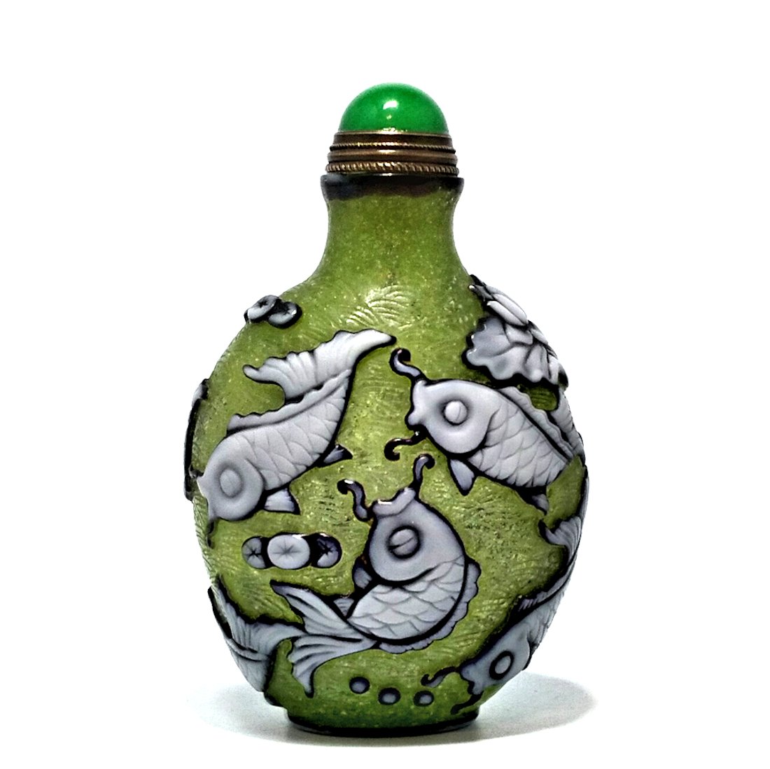 FINE PEKING GLASS SNUFF BOTTLE 3 COLORS CARP LOTUS (1 of 6)