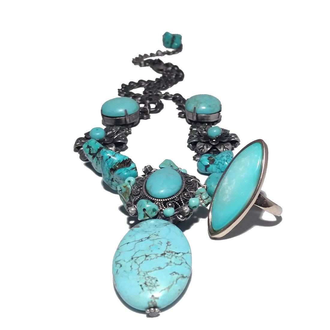 NECKLACE + RING COSTUME JEWELRY LOT TURQUOISE COLOR: NECKLACE SIZE 20 INCHES WITH EXTENSION AND THE RING 8.5. WE COMBINE SHIPPING.