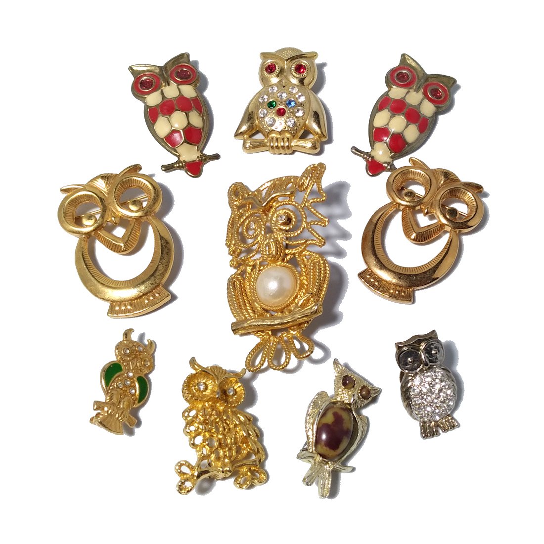LOT OF TEN OWLS, 9 BROOCHES AND ONE PIN (1 of 3)