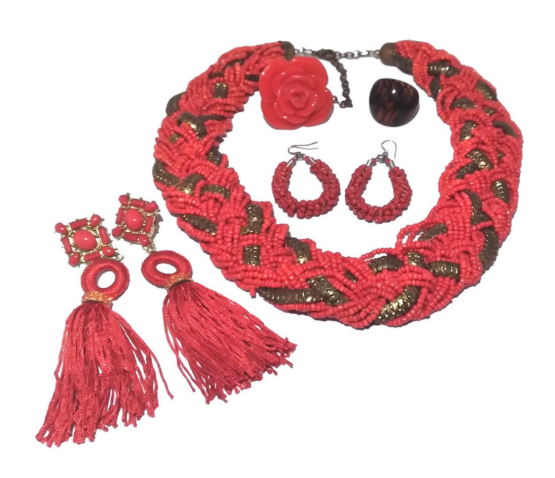 COSTUME JEWELRY LOT CORAL, NECKLACE, EARRINGS, RINGS (1 of 2)