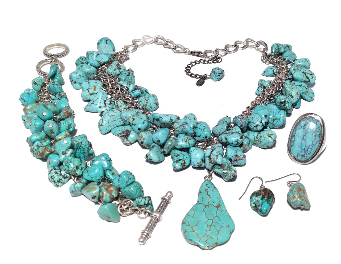 COSTUME JEWELRY LOT TURQUOISE PARURE 4 ITEMS (1 of 2)