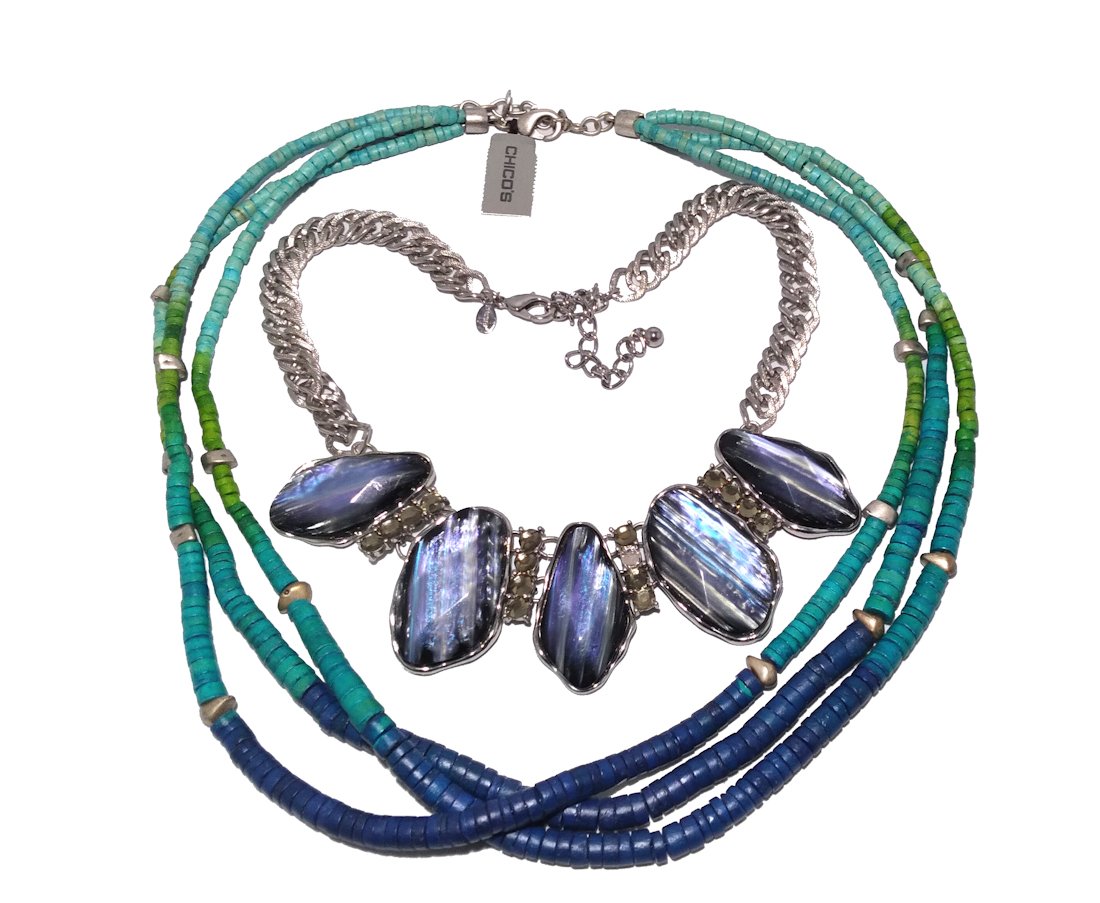 DESIGNER COSTUME JEWELRY LOT TWO STUNNING CHICO'S NECKLACES: THIS STUNNING JEWELRY LOT INCLUDES TWO BEAUTIFUL CHICO'S NECKLACES. LENGTHS: 26-30 AND 17-20 INCHES. WE COMBINE SHIPPING. HAVE A LOOK AT OUR OTHER JEWELRY LISTINGS.
