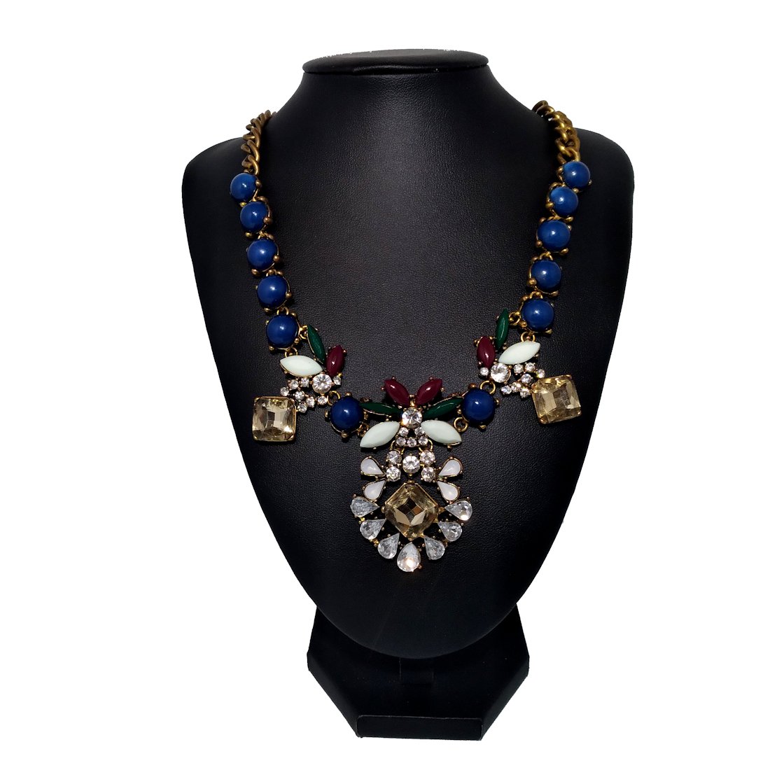 A STUNNING COSTUME JEWELRY RHINESTONE BIB NECKLACE: THE BEAUTIFUL NECKLACE FEATURES AN ATTRACTIVE DESIGN AND COLORS IN A GOLD TONE SETTING. IN VERY GOOD PREOWNED CONDITION. WE COMBINE SHIPPING. HAVE A LOOK AT OUR OTHER JEWELRY LOTS.