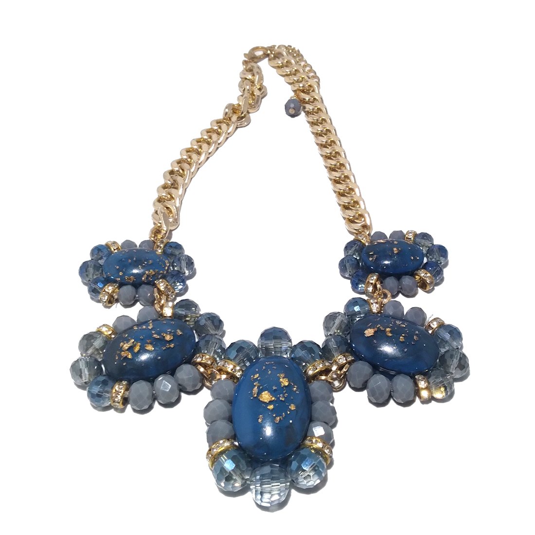 A SUPERB DESIGNER CRYSTAL GOLD FLECKED LUCITE NECKLACE: IT IS A BEAUTIFUL HIGH-END PIECE. THE CENTER OVALS ARE LUCITE WITH GOLD FLECKS ON THE INSIDE. THEY ARE SURROUNDED BY FACETED CRYSTALS.THERE ARE RHINSTONE RONDELLES IN BETWEEN THE CRYSTALS. THE CHAIN I