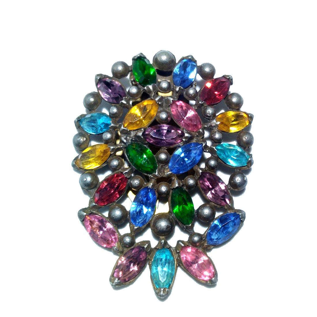 ANTIQUE MULTICOLOR CZECH DRESS CLIP BROOCH: THE EXQUISITE DRESS CLIP BROOCH IS 2.25 INCHES LONG BY 1.5 INCHES WIDE. WE COMBINE SHIPPING.