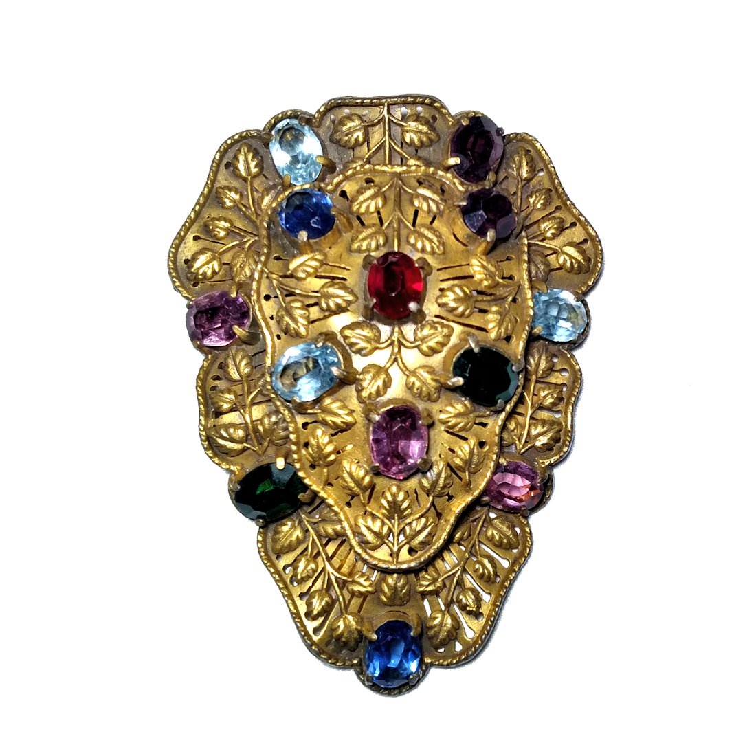 ANTIQUE VERY LARGE MULTICOLOR CZECH DRESS CLIP BROOCH: THE EXQUISITE DRESS CLIP BROOCH IS 2.75 INCHES LONG BY 2 INCHES WIDE. WE COMBINE SHIPPING.
