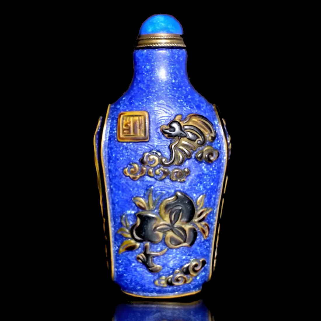 STUNNING CHINESE BLUE PEKING GLASS SNUFF BOTTLE STORK BAT PEACHES (1 of 8)