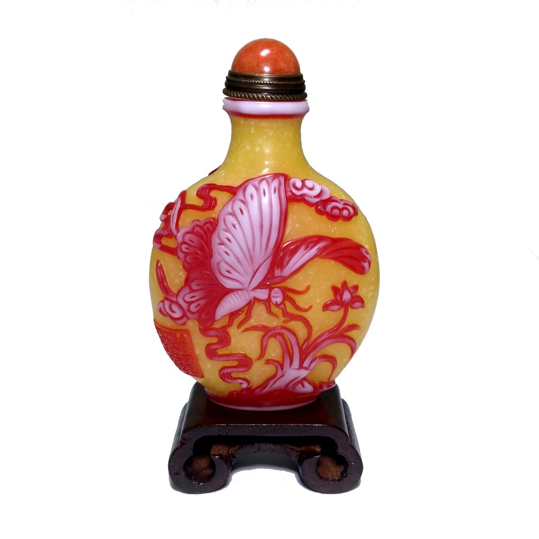 BEAUTIFUL CHINESE PEKING GLASS SNUFF BOTTLE BUTTERFLIES QIANLONG SEAL (1 of 8)