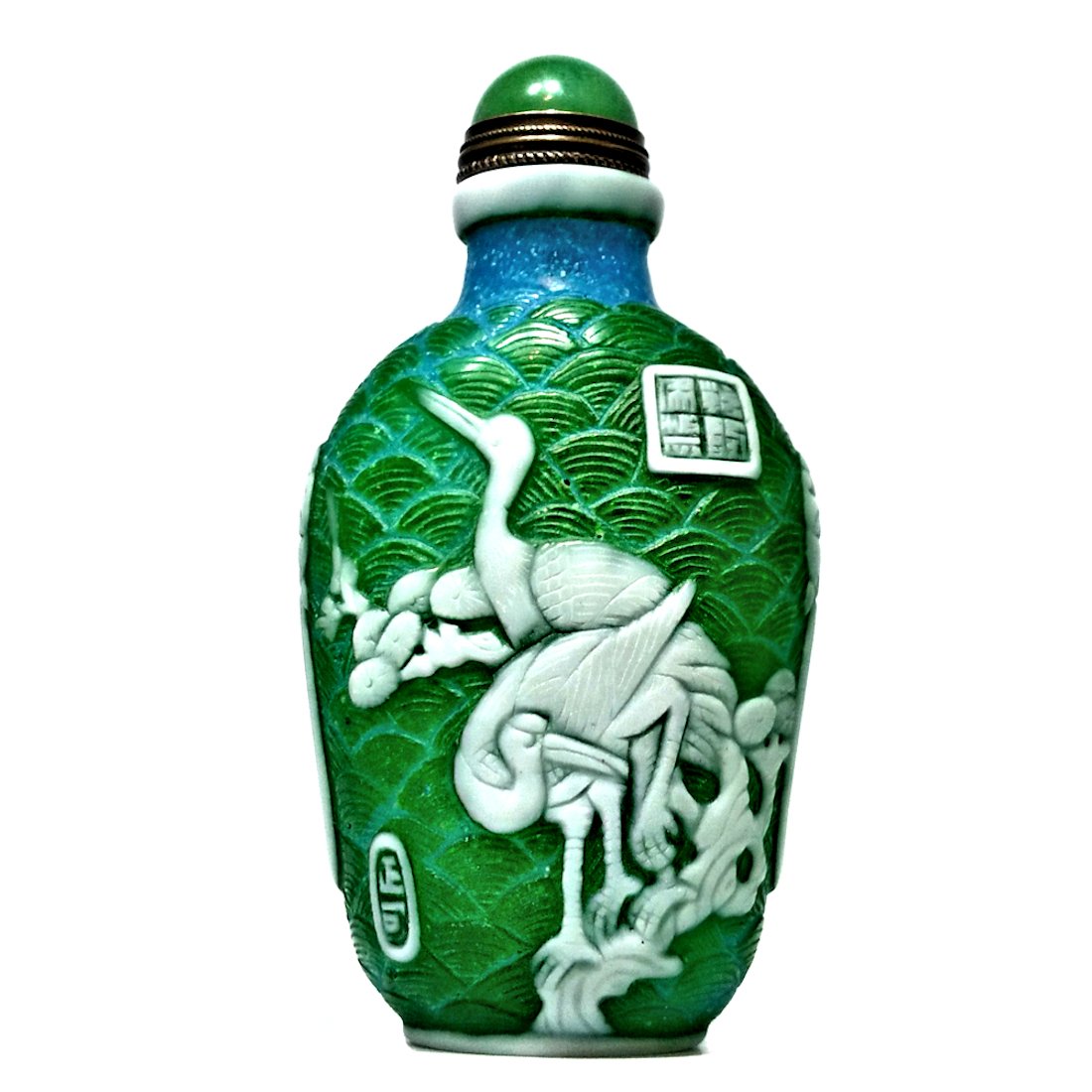 PEKING GLASS SNUFF BOTTLE STORKS SIGNED QIANLONG (1 of 7)