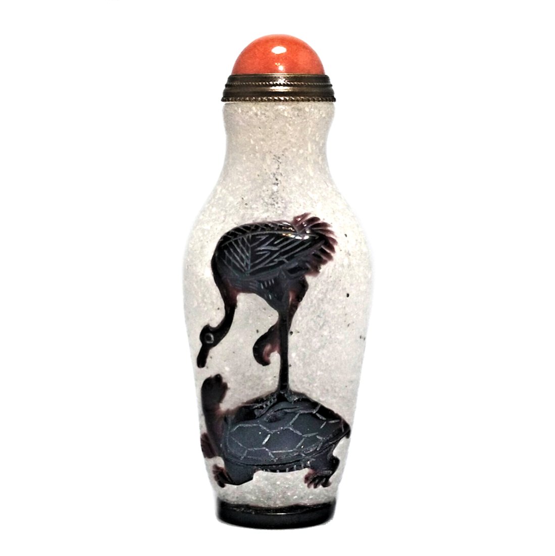 CHINESE PEKING GLASS SNUFF BOTTLE STORK TURTLE (1 of 6)