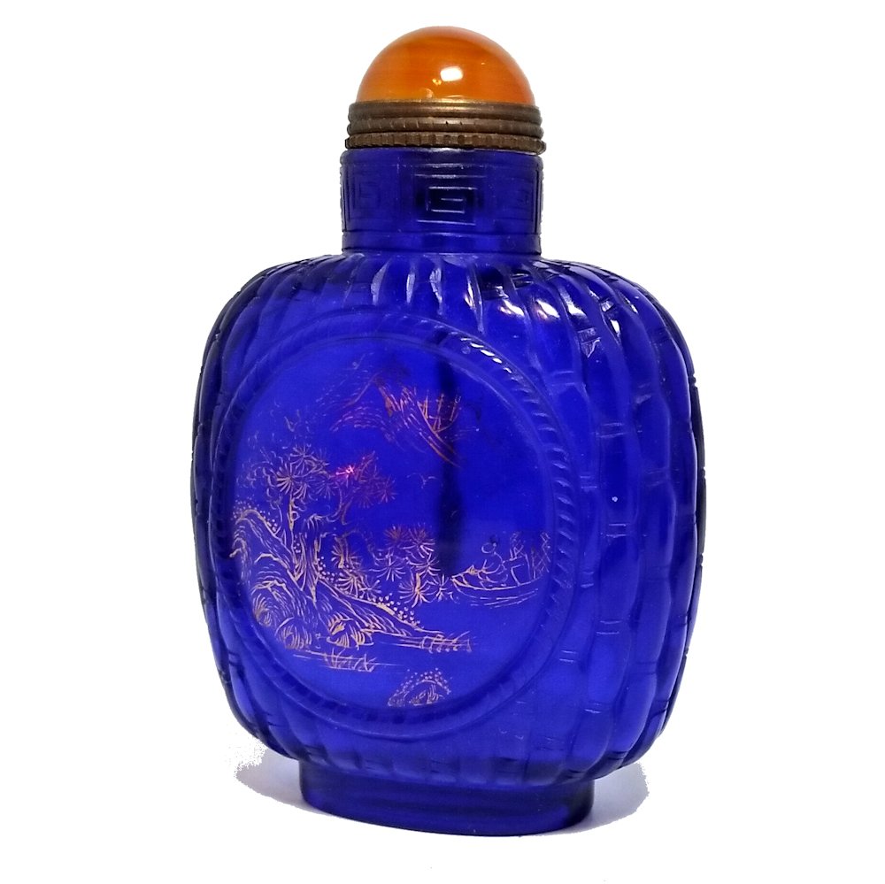 SNUFF BOTTLE GILDED LANDSCAPE BLUE  PEKING GLASS (1 of 6)