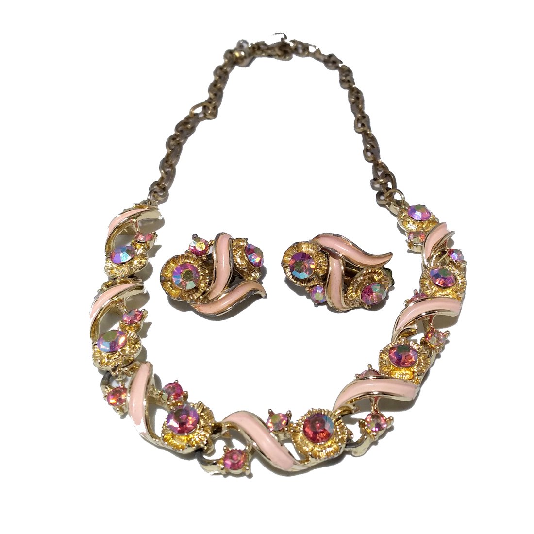 2 VINTAGE NECKLACES + 1 PAIR OF EARRINGS, COSTUME JEWELRY, RHINESTONES (1 of 4)