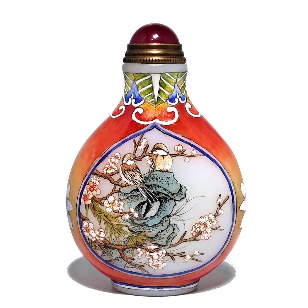 FINE SNUFF BOTTLE ENAMEL ON GLASS, QIANLONG, FLOWER TREE, BIRDS (1 of 6)