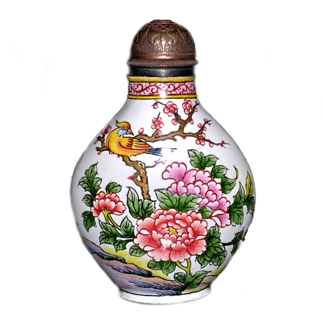 SNUFF BOTTLE ENAMEL ON COPPER, PEONIES, BIRDS, CHINESE, QIANLONG: THE FINE BOTTLE IS BEAUTIFULLY ENAMELED WITH BIRDS, PEONIES AND OTHER FLORA. IT BEARS A BLUE QIANLONG MARK. IT IS 2.5 INCHES TALL. PROVENANCE: PRIVATE COLLECTION.