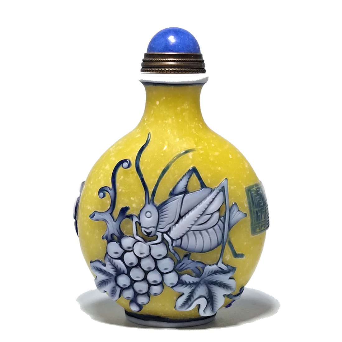 SNUFF BOTTLE CRICKET, GRAPES, GOURD, PEKING GLASS, QIANLONG: THE FINE SNUFF BOTTLE CARVED IN THREE DELIGHTFUL LAYERS OF COLOR WITH THE BACKGROUND LAYER BEING YELLOW. IT FEATURES TWO SCENES WITH CRICKETS, GRAPES AND A GOURD. THE BOTTLE BEARS A QIANLONGPERIOD MAR