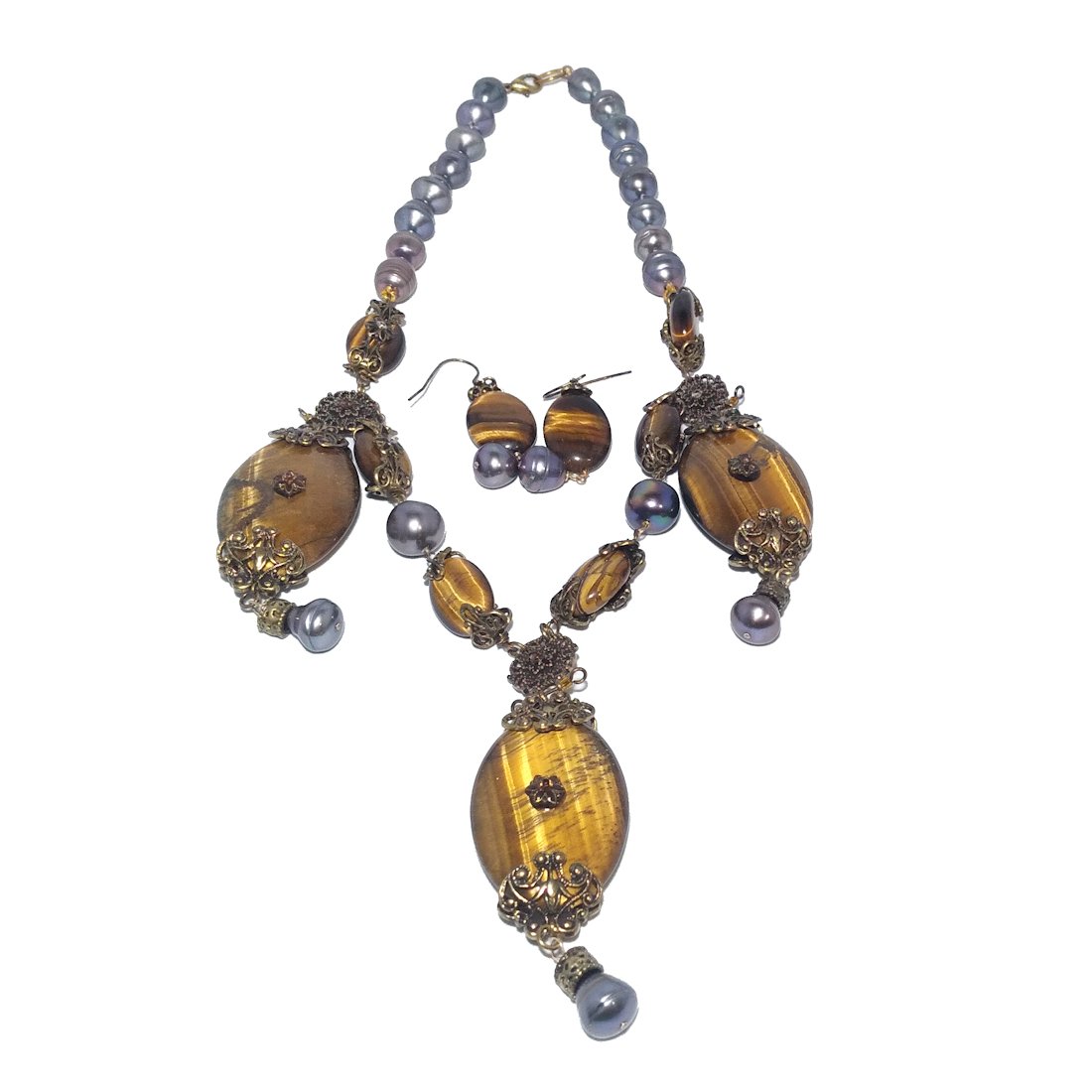 EXQUISITE  NECKLACE, EARRINGS TIGER'S EYE, LARGE CULTURED PEARLS (1 of 3)