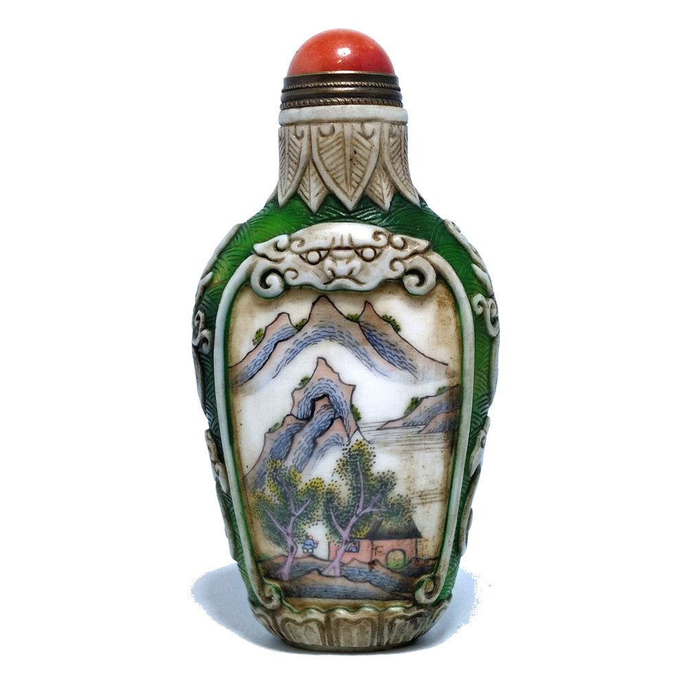 SNUFF BOTTLE, LANDSCAPE, ENAMELED CHINESE PEKING GLASS (1 of 6)