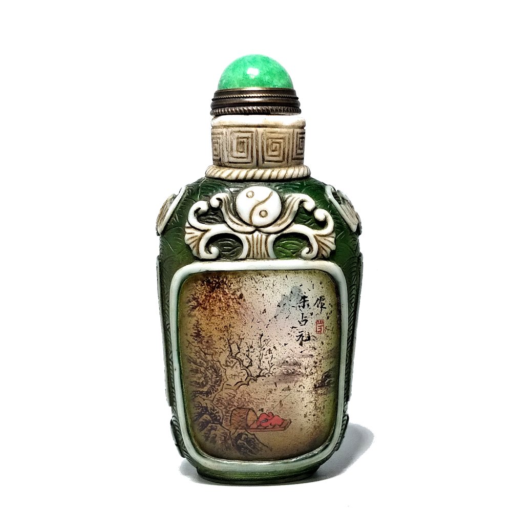 FISHERMAN, LANDSCAPE, PEKING GLASS, PAINTED INSIDE SNUFF BOTTLE (1 of 6)